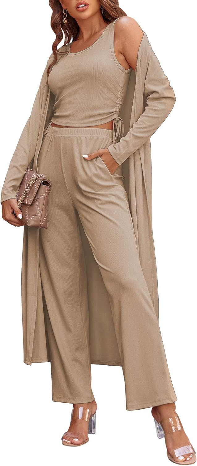 Women’s 3-Piece Lounge Set Cardigan Tank Top Pants Pajamas