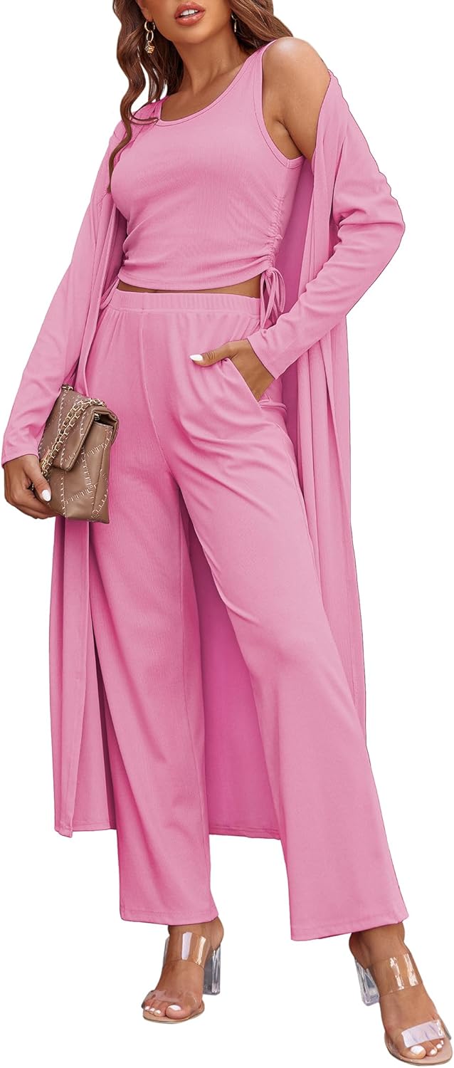 Women’s 3-Piece Lounge Set Cardigan Tank Top Pants Pajamas