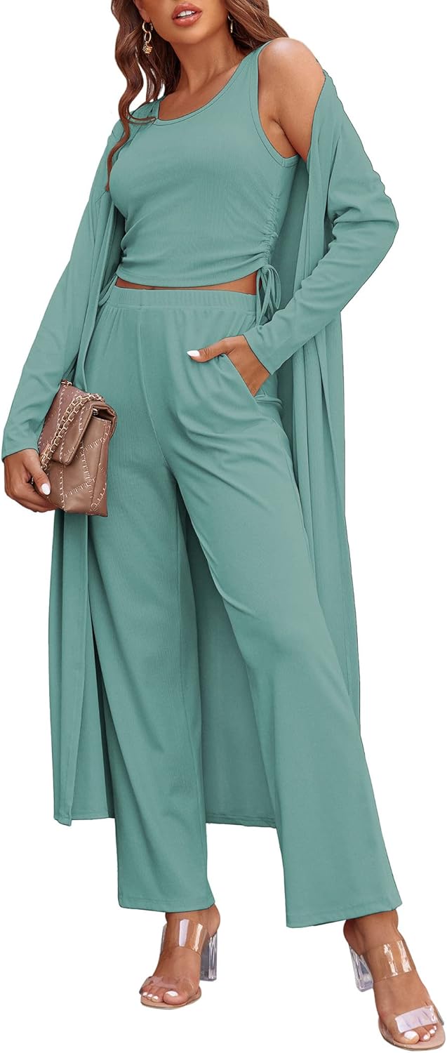 Women’s 3-Piece Lounge Set Cardigan Tank Top Pants Pajamas