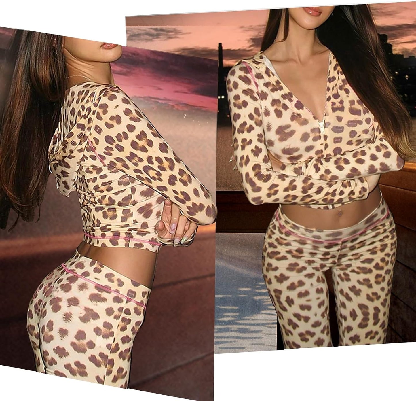 Women’s 2-Piece Leopard Print Set – Zip Hoodie & Flare Pants