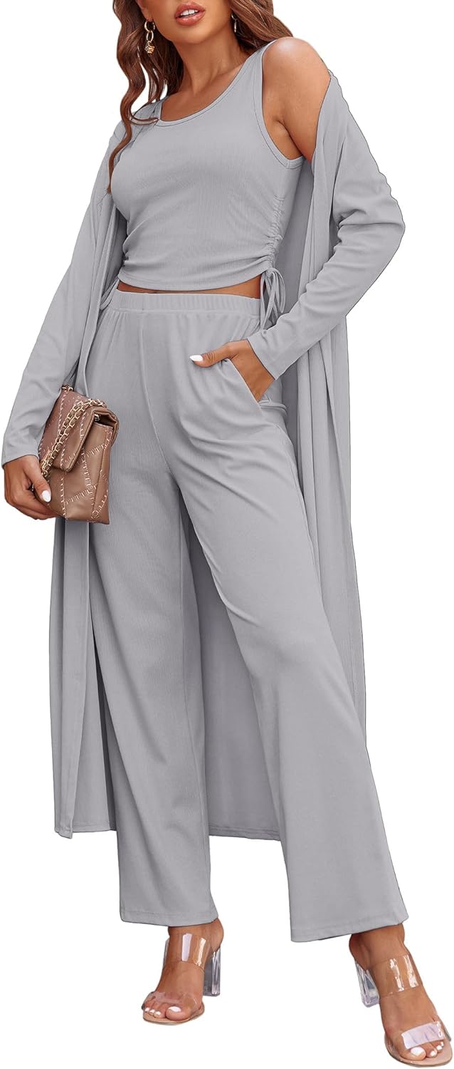 Women’s 3-Piece Lounge Set Cardigan Tank Top Pants Pajamas