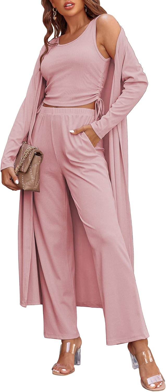 Women’s 3-Piece Lounge Set Cardigan Tank Top Pants Pajamas
