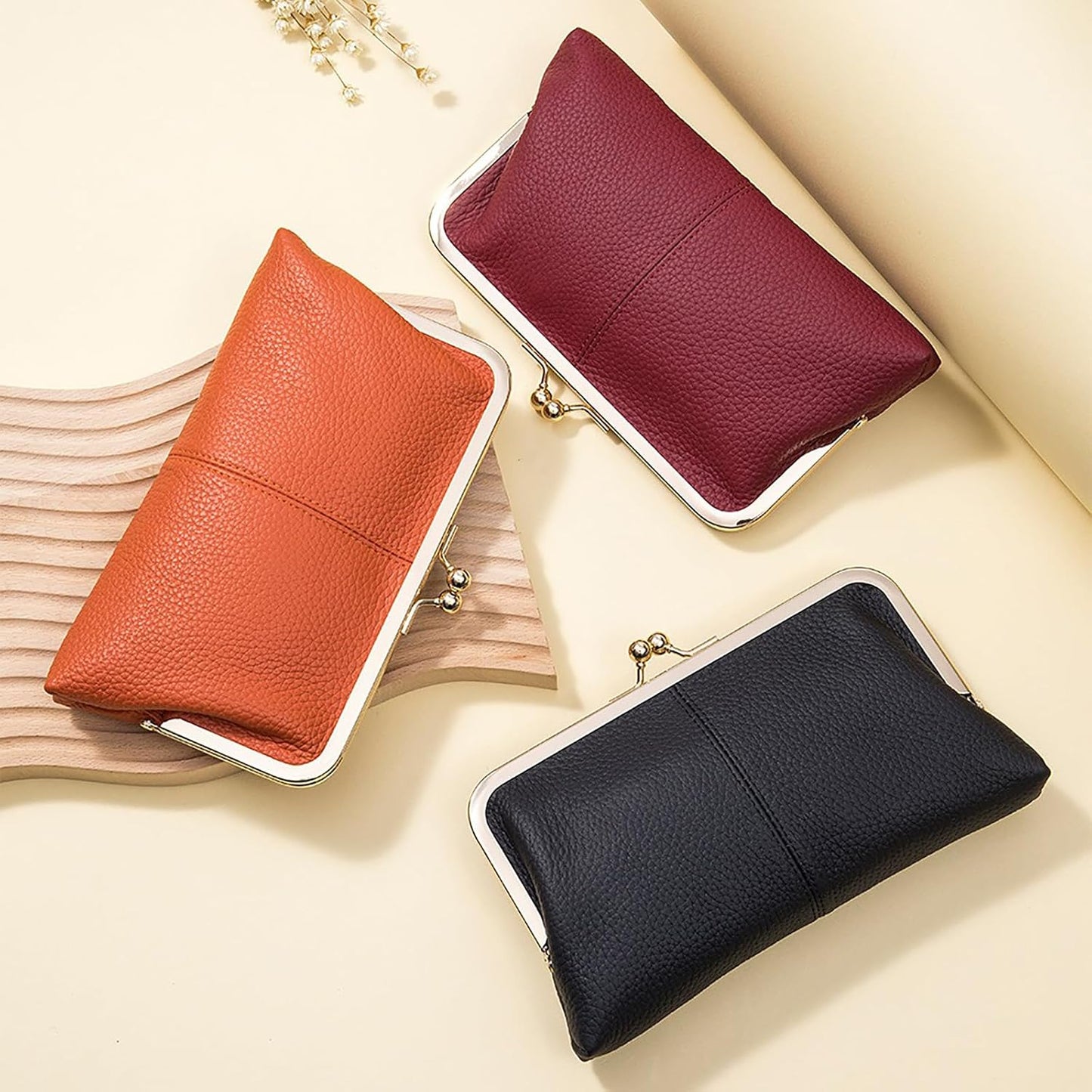 Vintage Kiss Lock Leather Wallet for Women