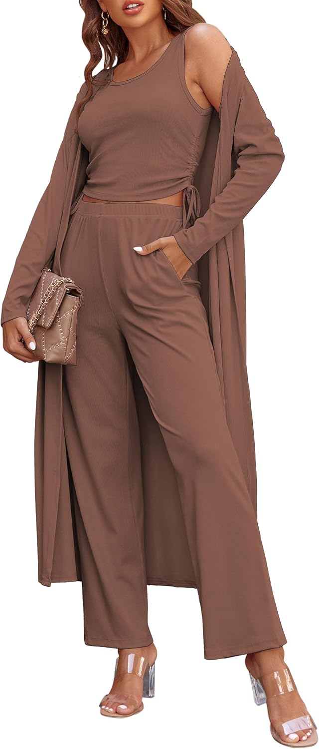 Women’s 3-Piece Lounge Set Cardigan Tank Top Pants Pajamas