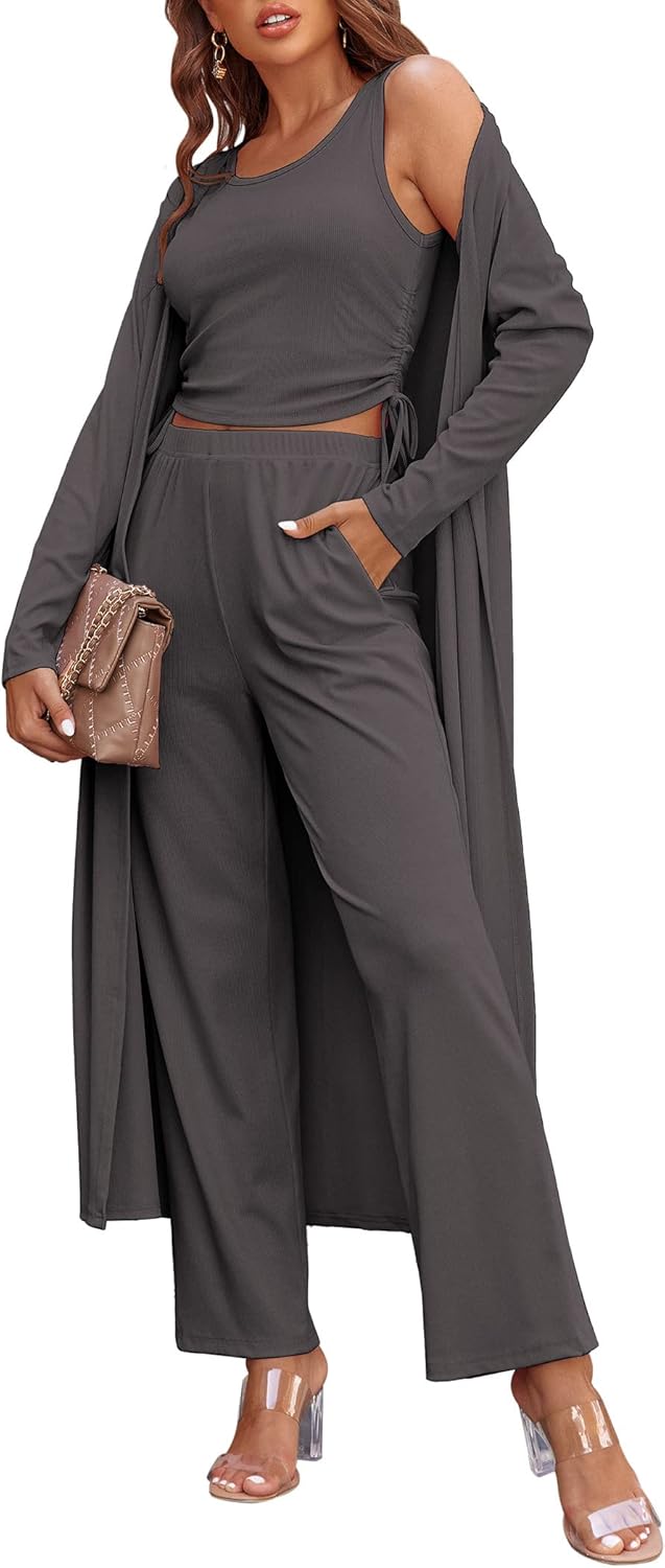 Women’s 3-Piece Lounge Set Cardigan Tank Top Pants Pajamas