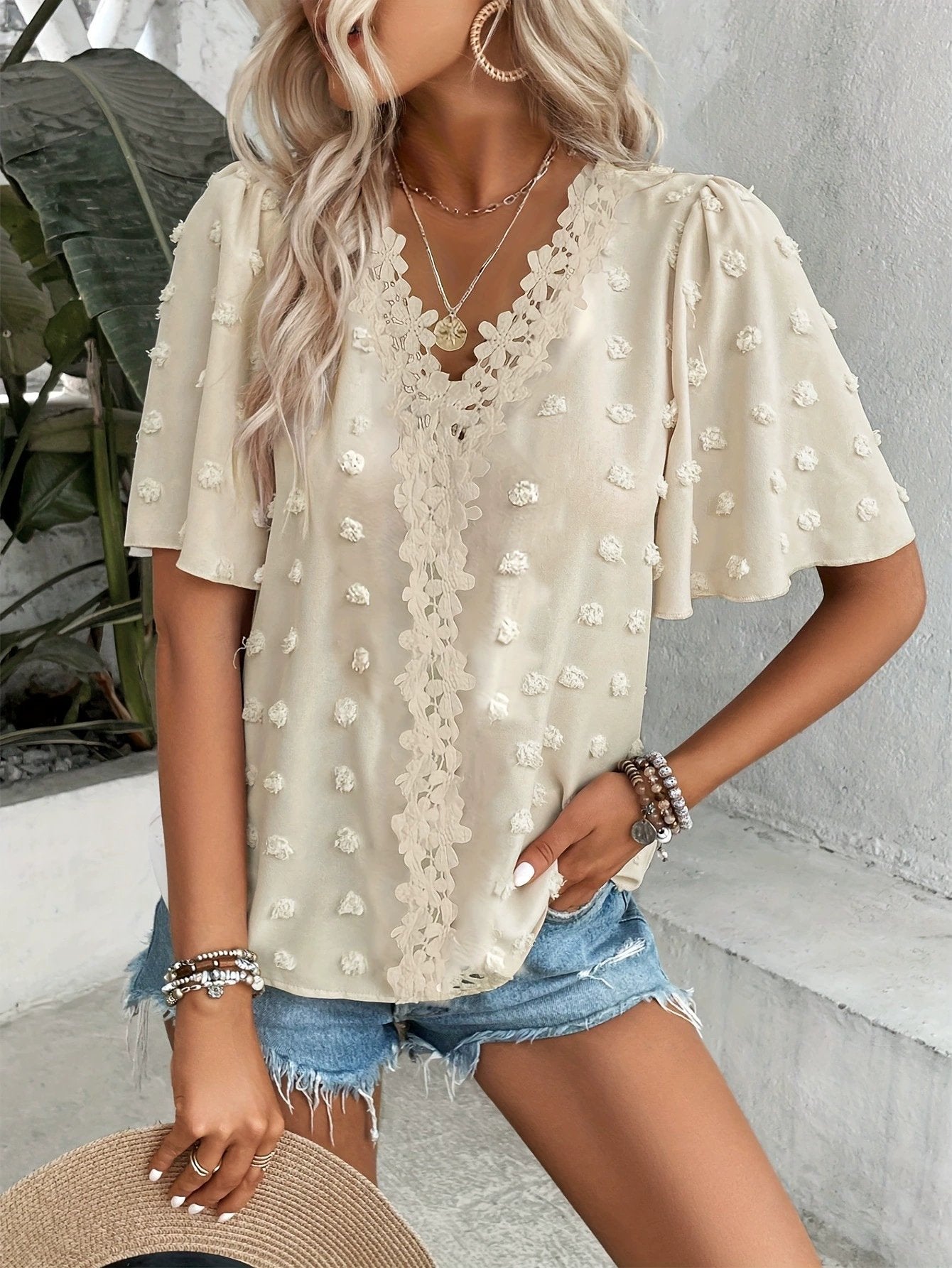 🔥 Elegant Swiss Dot Lace Butterfly Sleeve Shirt