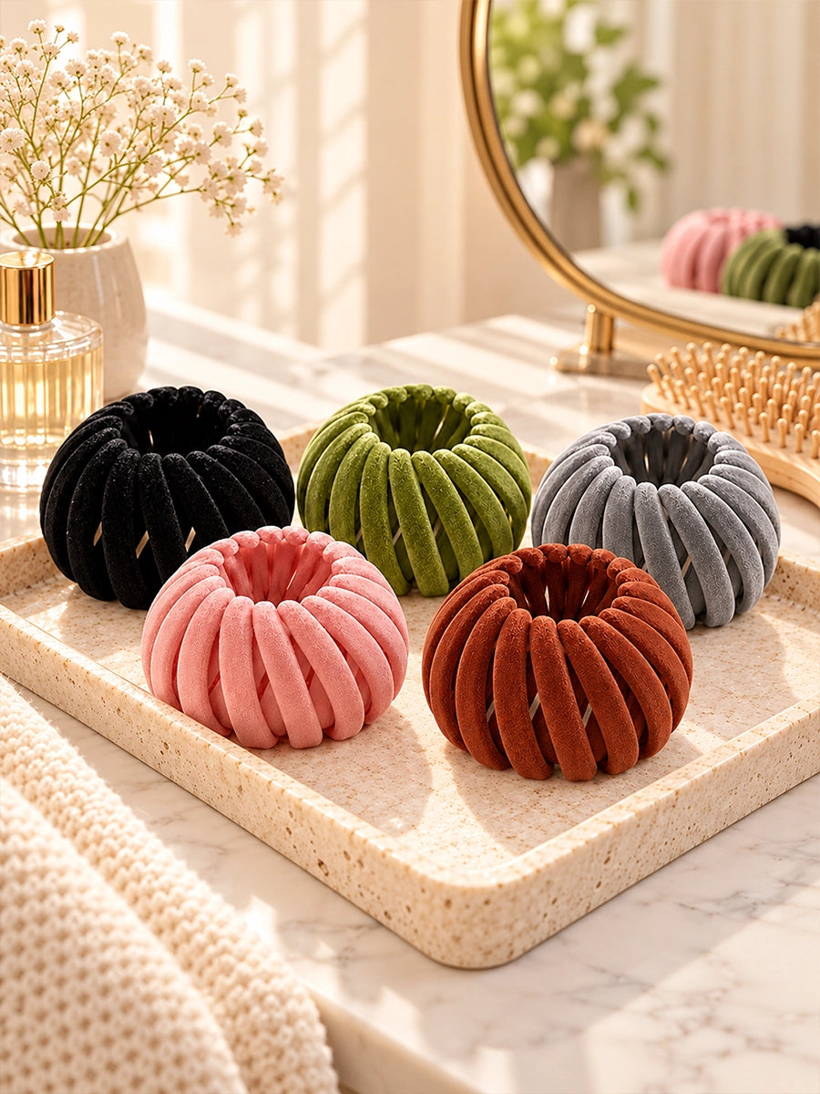 Fabric-Covered Ribbed Ponytail Clips, 5-Piece Set