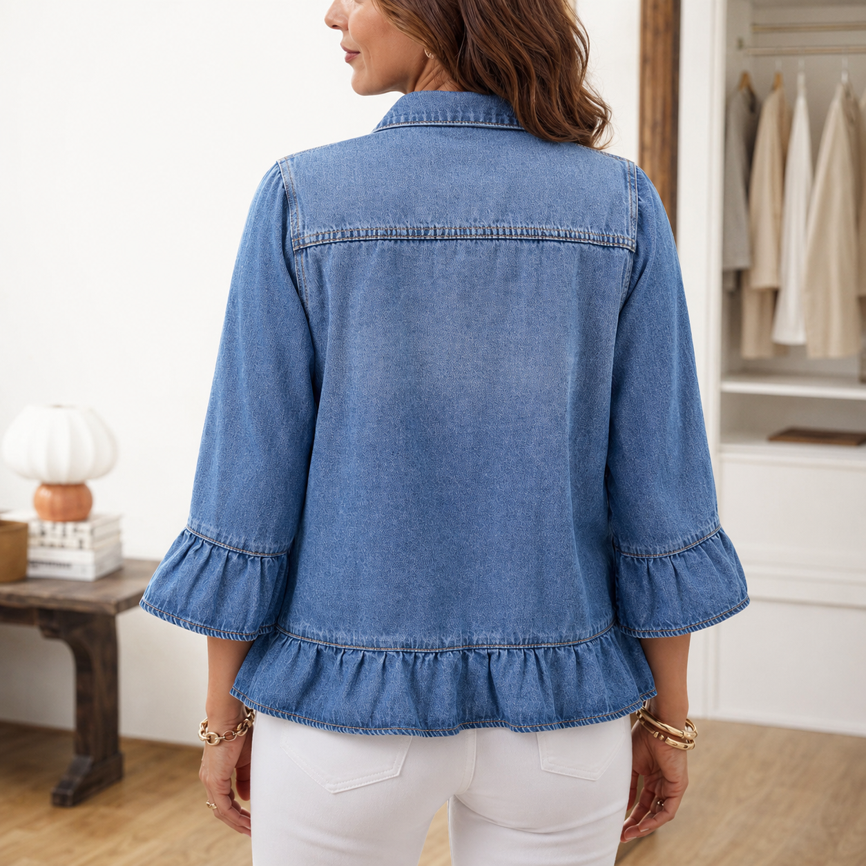 Women's Flutter-Sleeve Cropped Denim Jacket