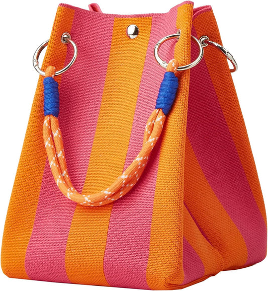 Mini Knit Tote Women Striped Crochet Bucket Handbag