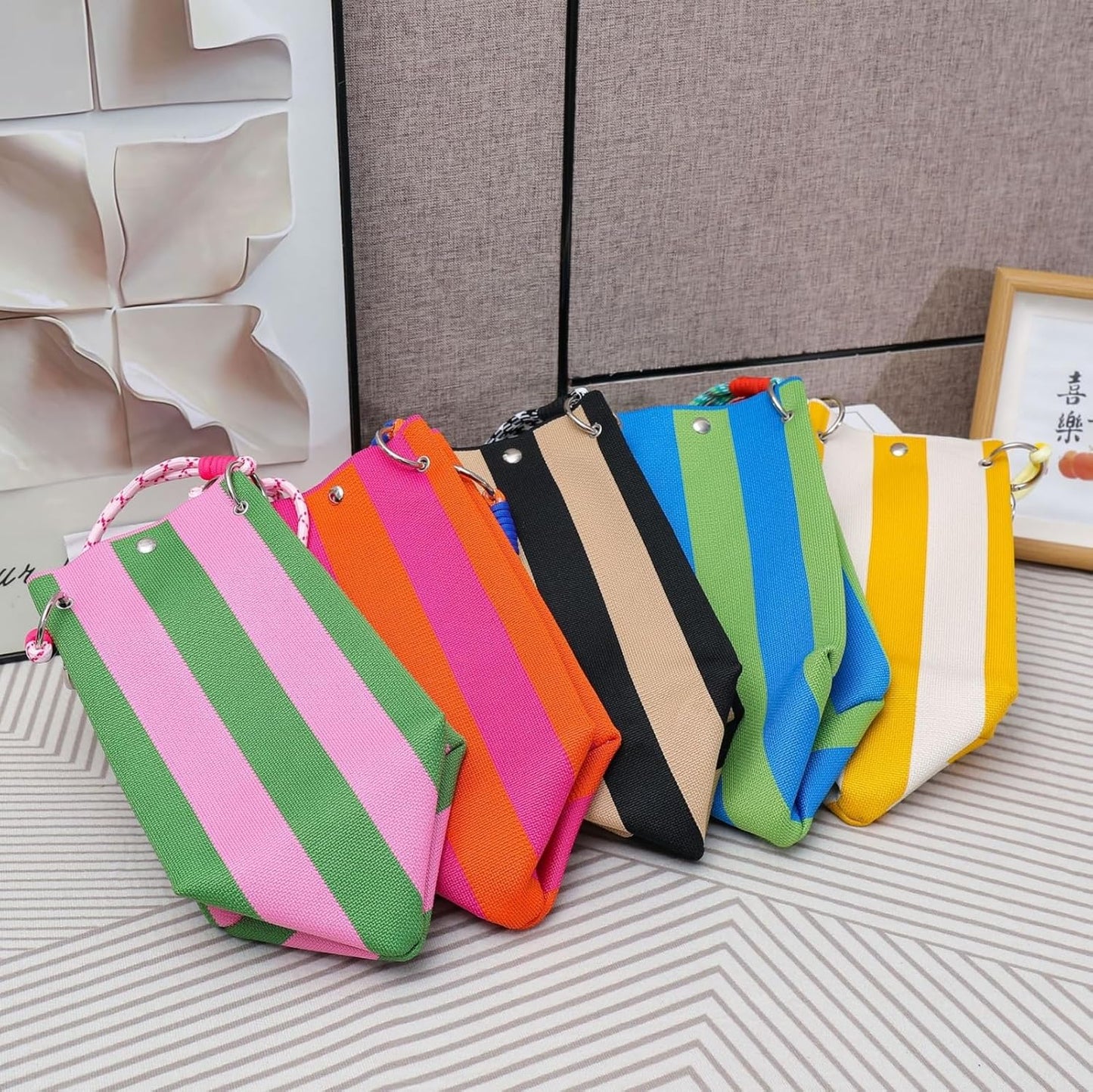 Mini Knit Tote Women Striped Crochet Bucket Handbag