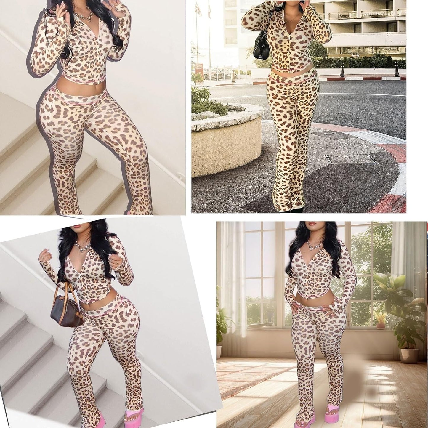 Women’s 2-Piece Leopard Print Set – Zip Hoodie & Flare Pants