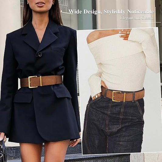 Women Wide Chunky Belt Fashion Thick Suede Belt with Gold Buckle
