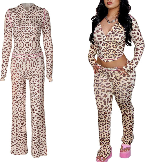 Women’s 2-Piece Leopard Print Set – Zip Hoodie & Flare Pants
