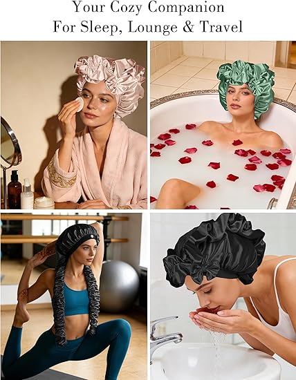 Satin Curling Sleep Bonnet with Long Hair Ribbons 2 Pack