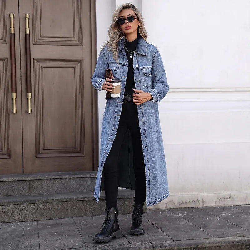Women’s Longline Button-Front Denim Coat