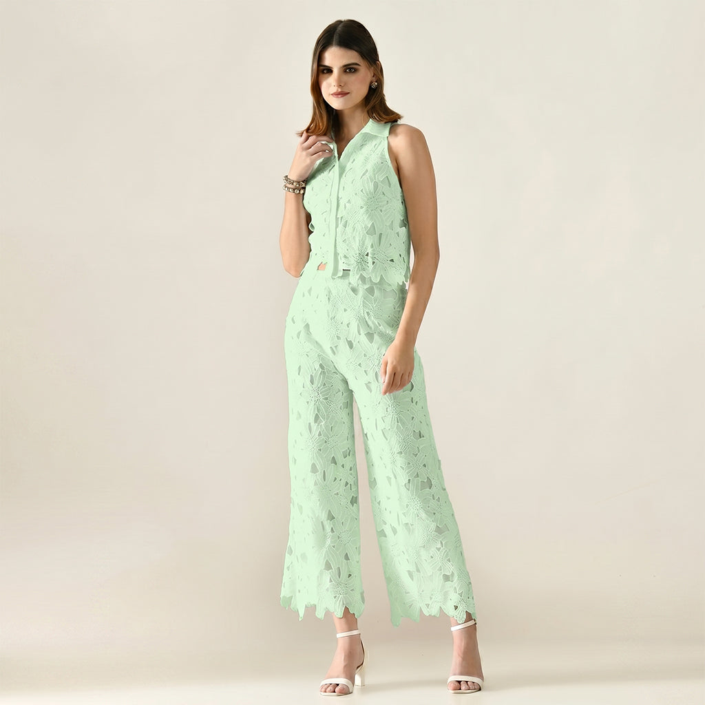 Hollow V-Neck Off Shoulder Embroidered Two Piece Set