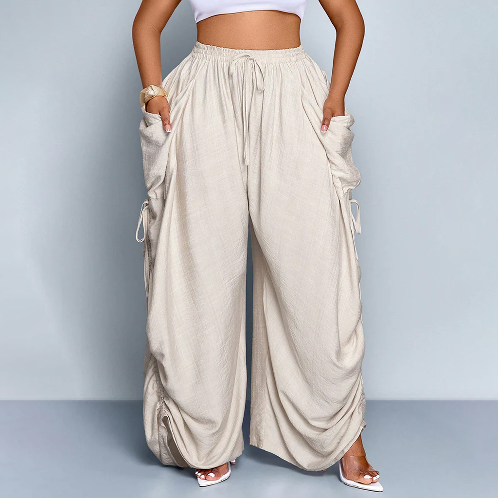 Wide Leg Loose Casual Pants with Waist Tie and Side Pockets
