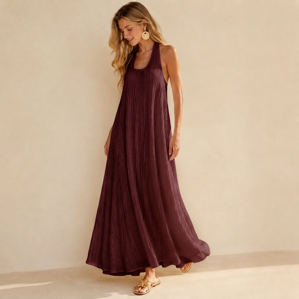 Slouchy Ruched U-Neck Beach Vacation Maxi Dress