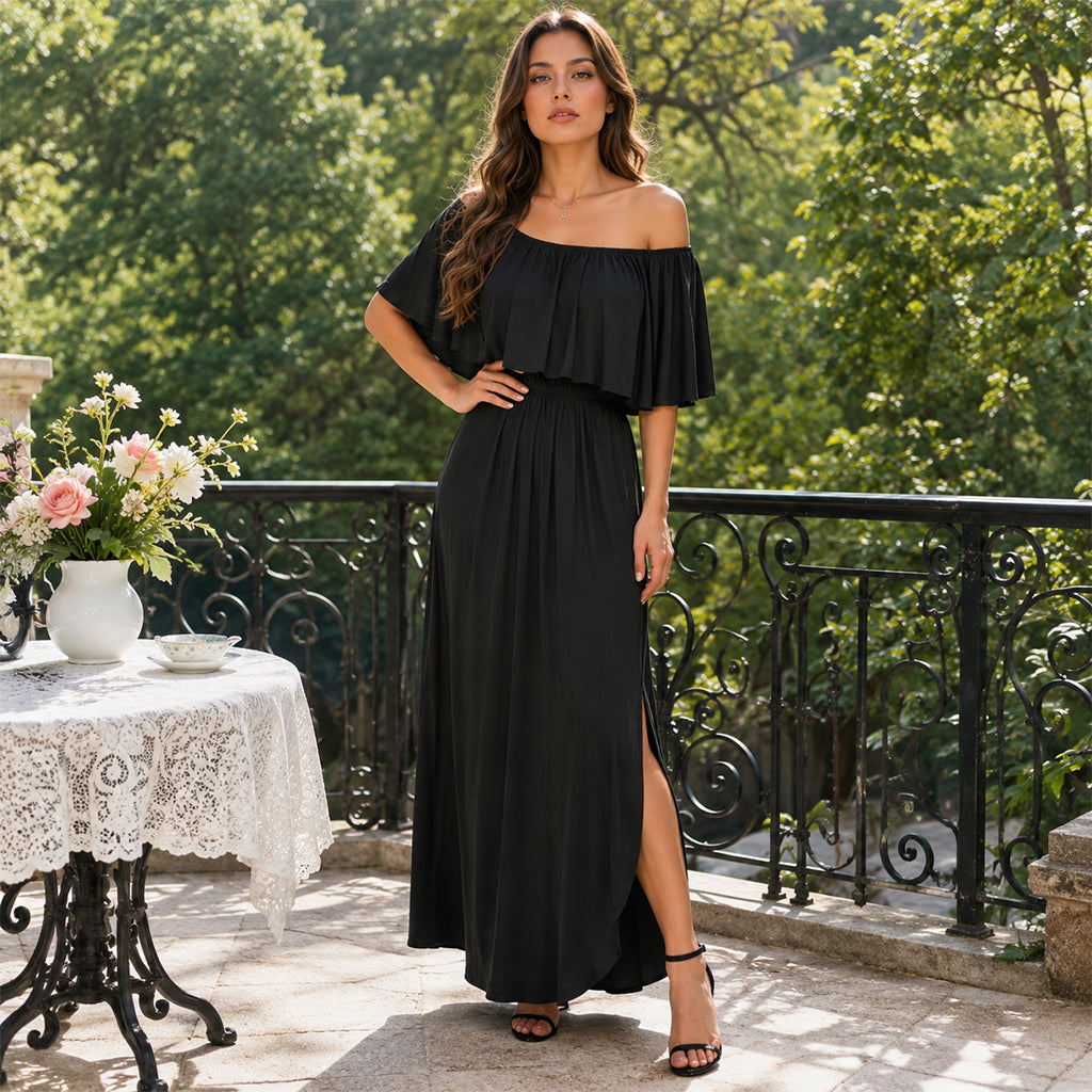 Double-layer Printed Off-the-Shoulder Dress