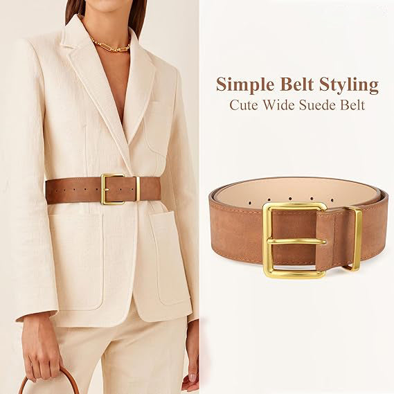 Women Wide Chunky Belt Fashion Thick Suede Belt with Gold Buckle