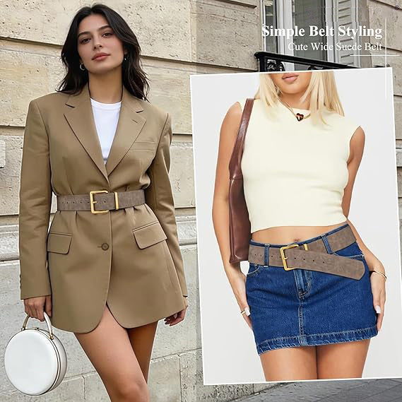 Women Wide Chunky Belt Fashion Thick Suede Belt with Gold Buckle