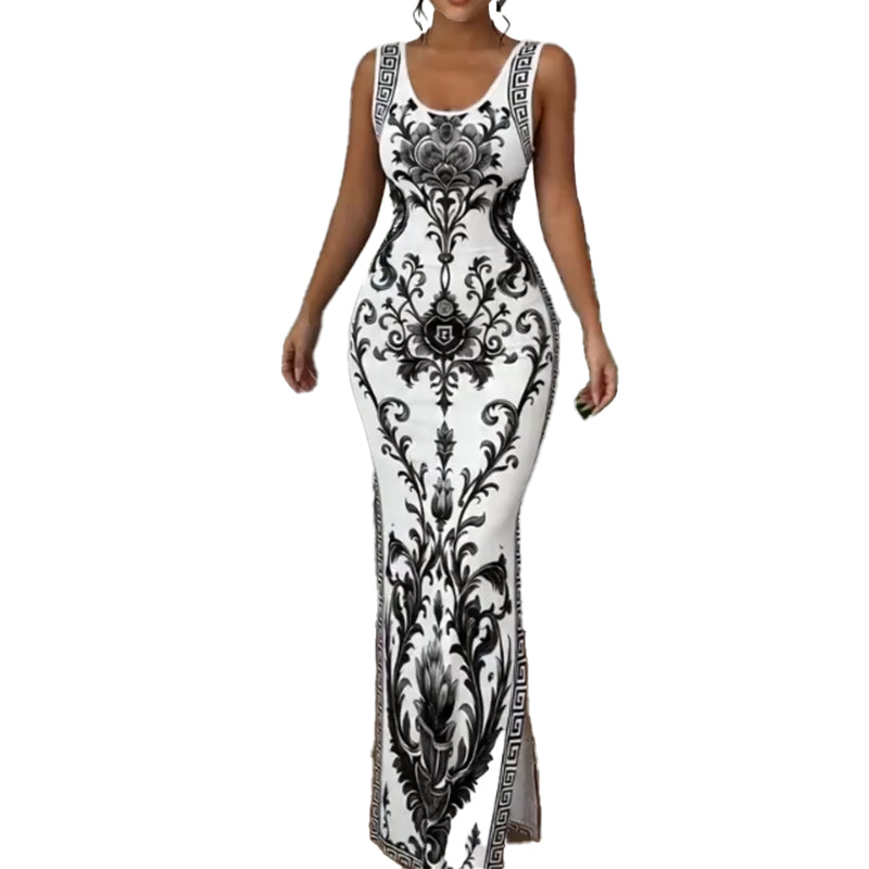 Women's Luxury Retro Waist-Cinched Slit Midi Dress