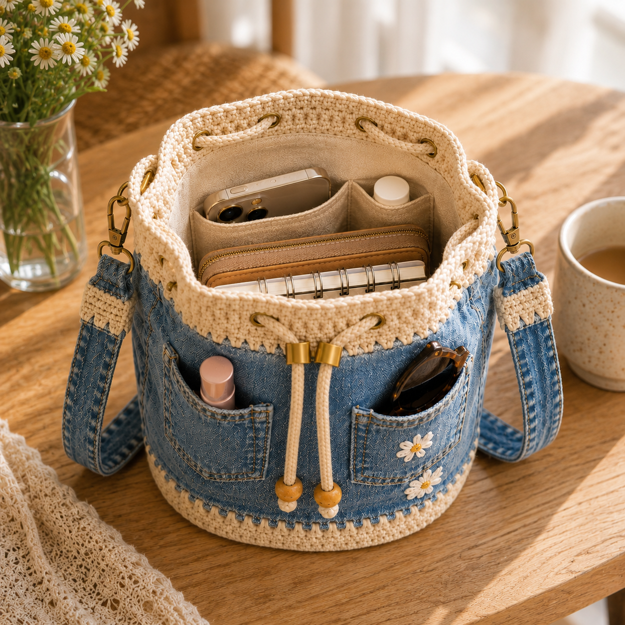 Denim Crochet Daisy Drawstring Bucket Bag