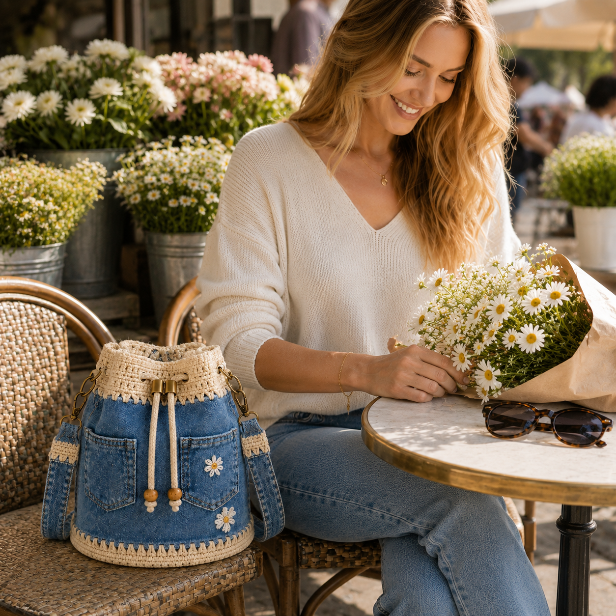 Denim Crochet Daisy Drawstring Bucket Bag