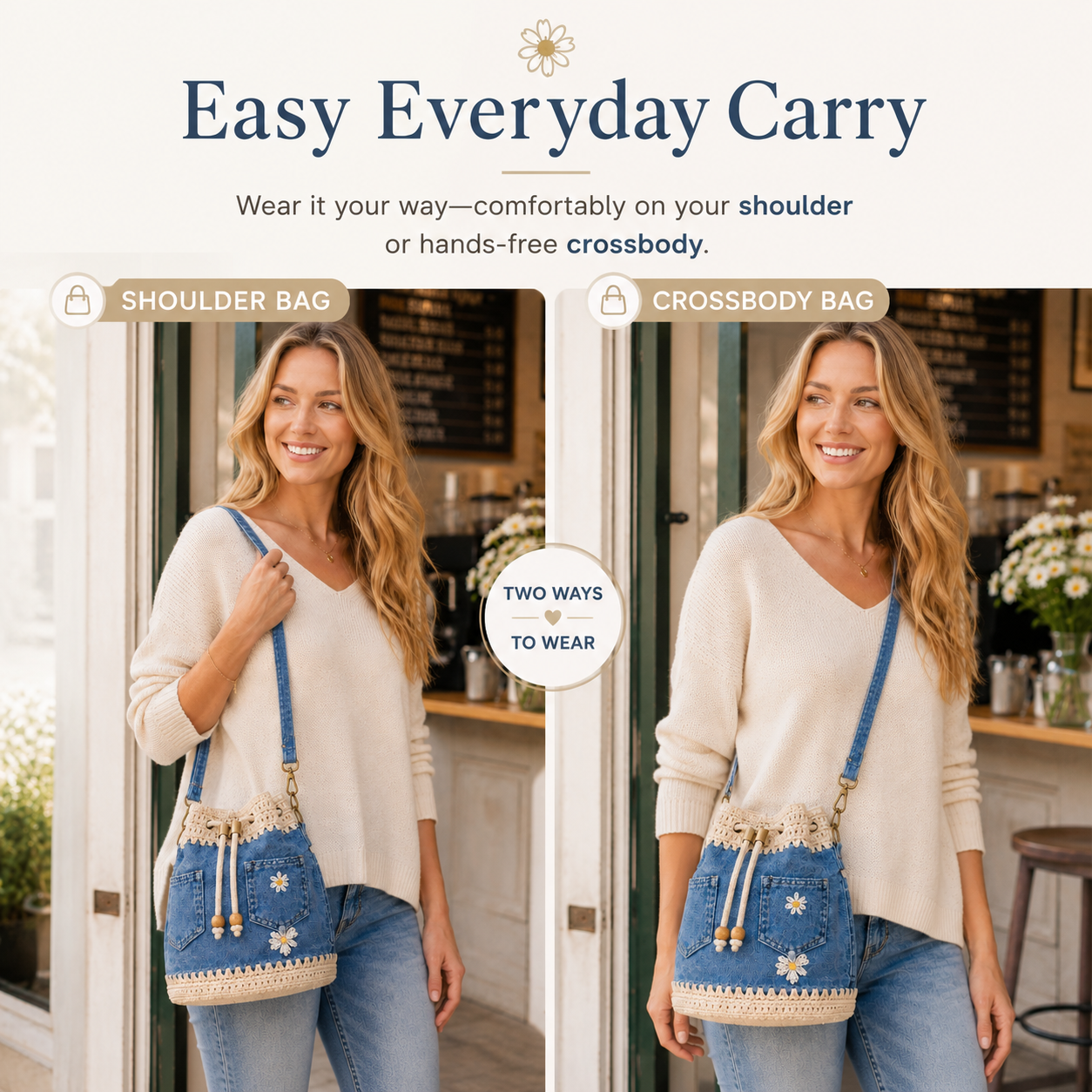 Denim Crochet Daisy Drawstring Bucket Bag
