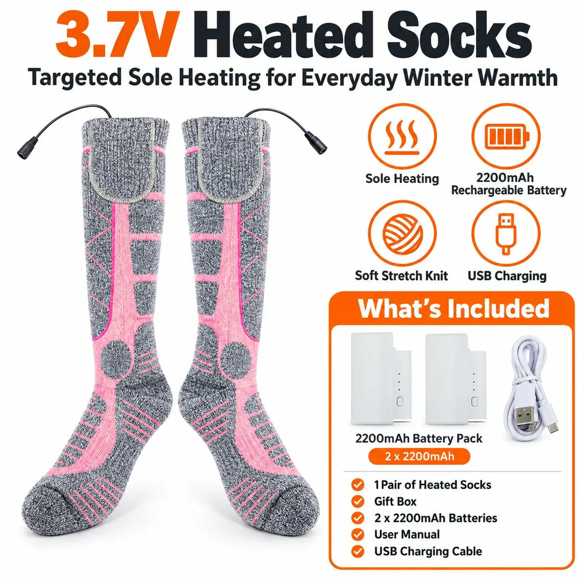 Rechargeable Heated Knee-High Socks with Listed Battery Pack