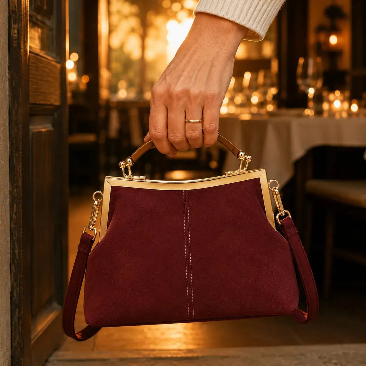 Suede-Look Frame Handbag with Top Handle and Shoulder Strap