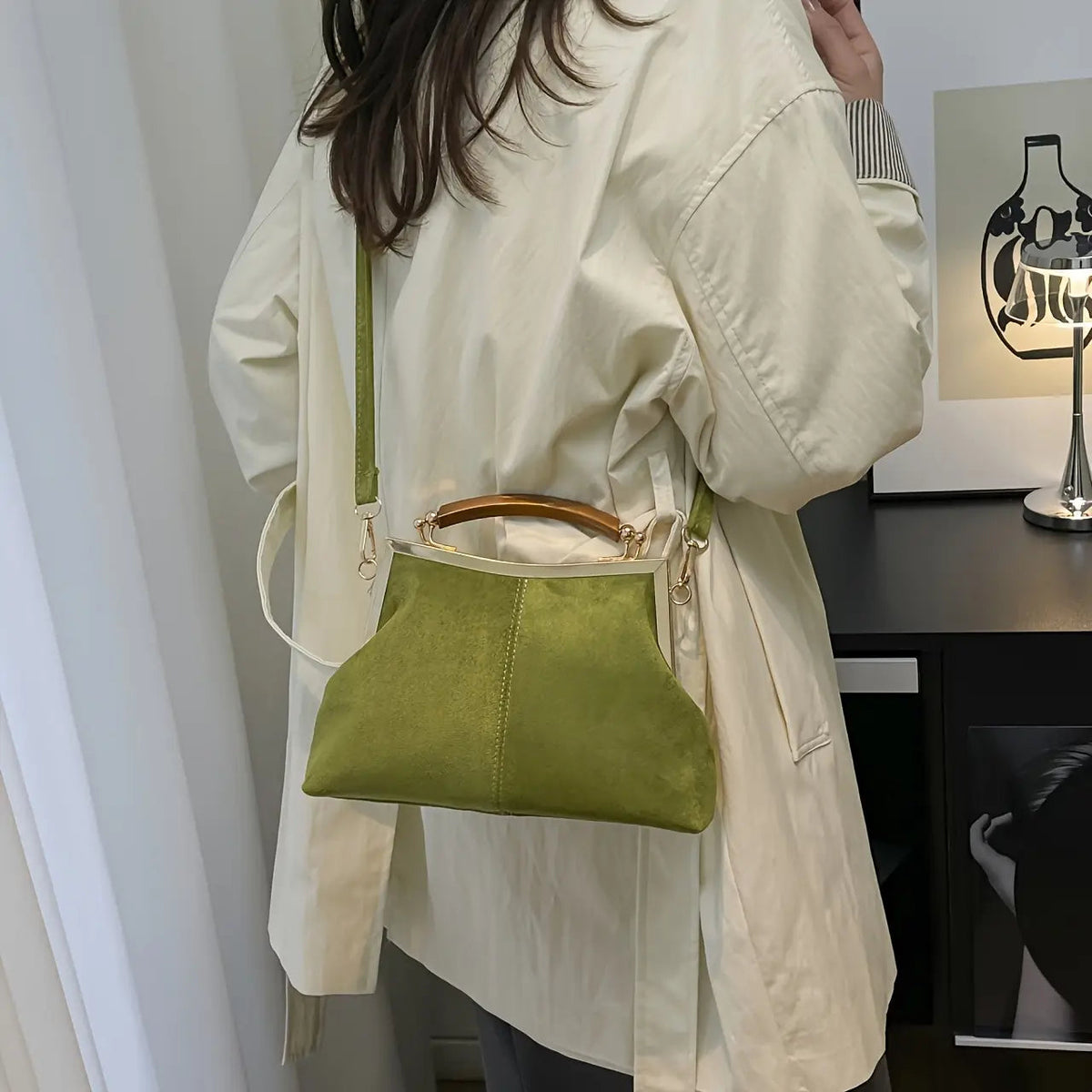 Suede-Look Frame Handbag with Top Handle and Shoulder Strap