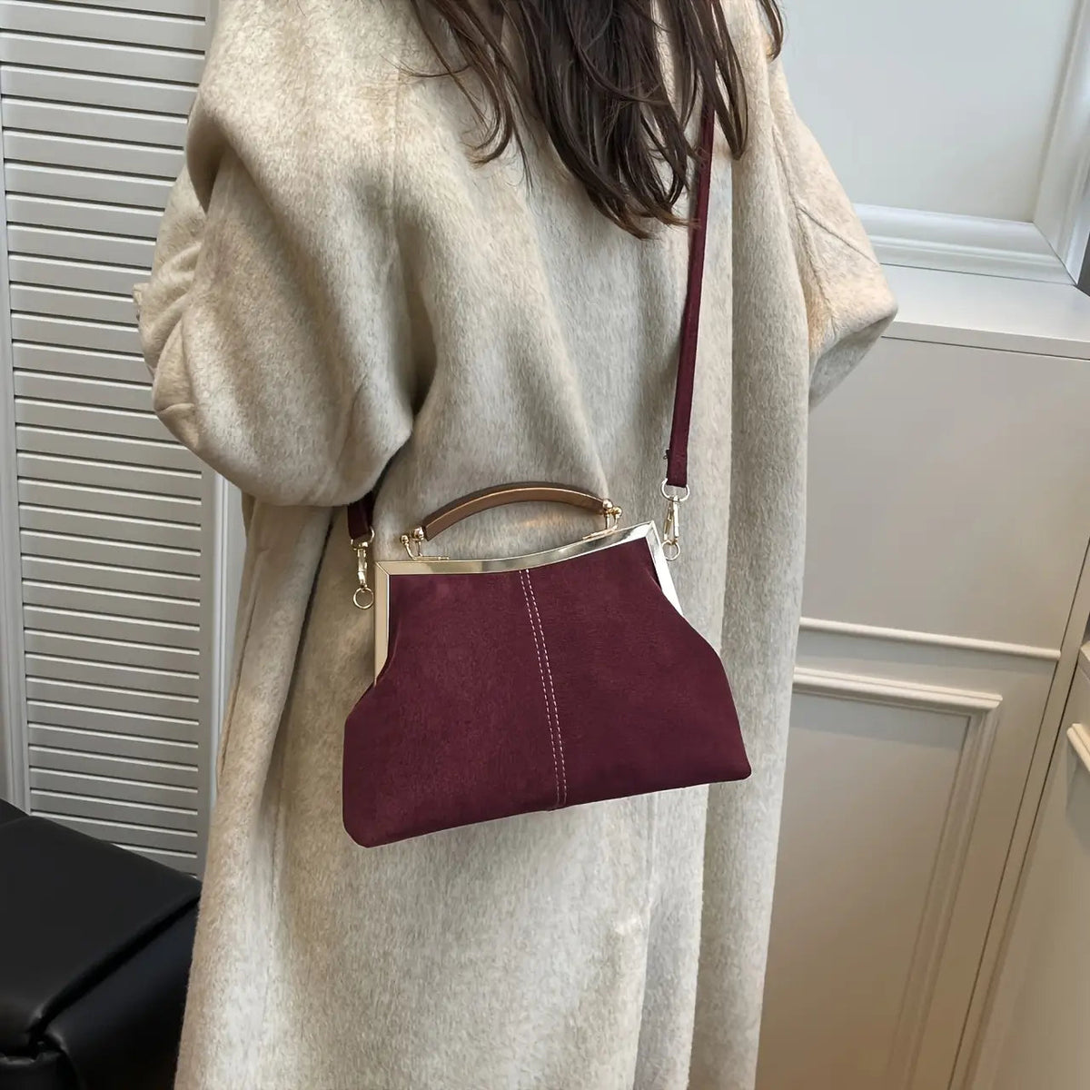 Suede-Look Frame Handbag with Top Handle and Shoulder Strap