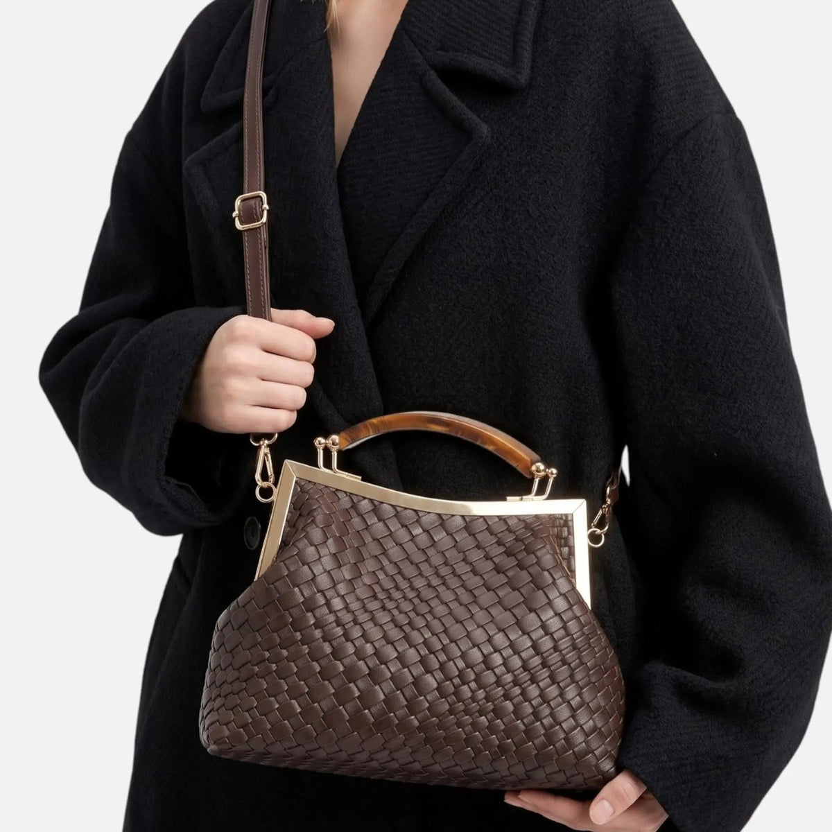 Suede-Look Frame Handbag with Top Handle and Shoulder Strap