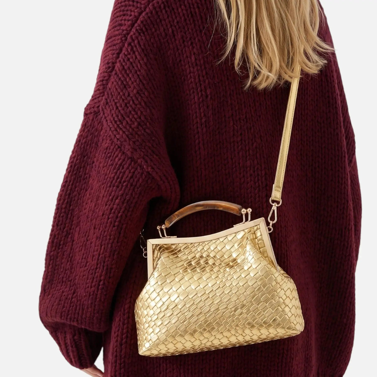 Suede-Look Frame Handbag with Top Handle and Shoulder Strap