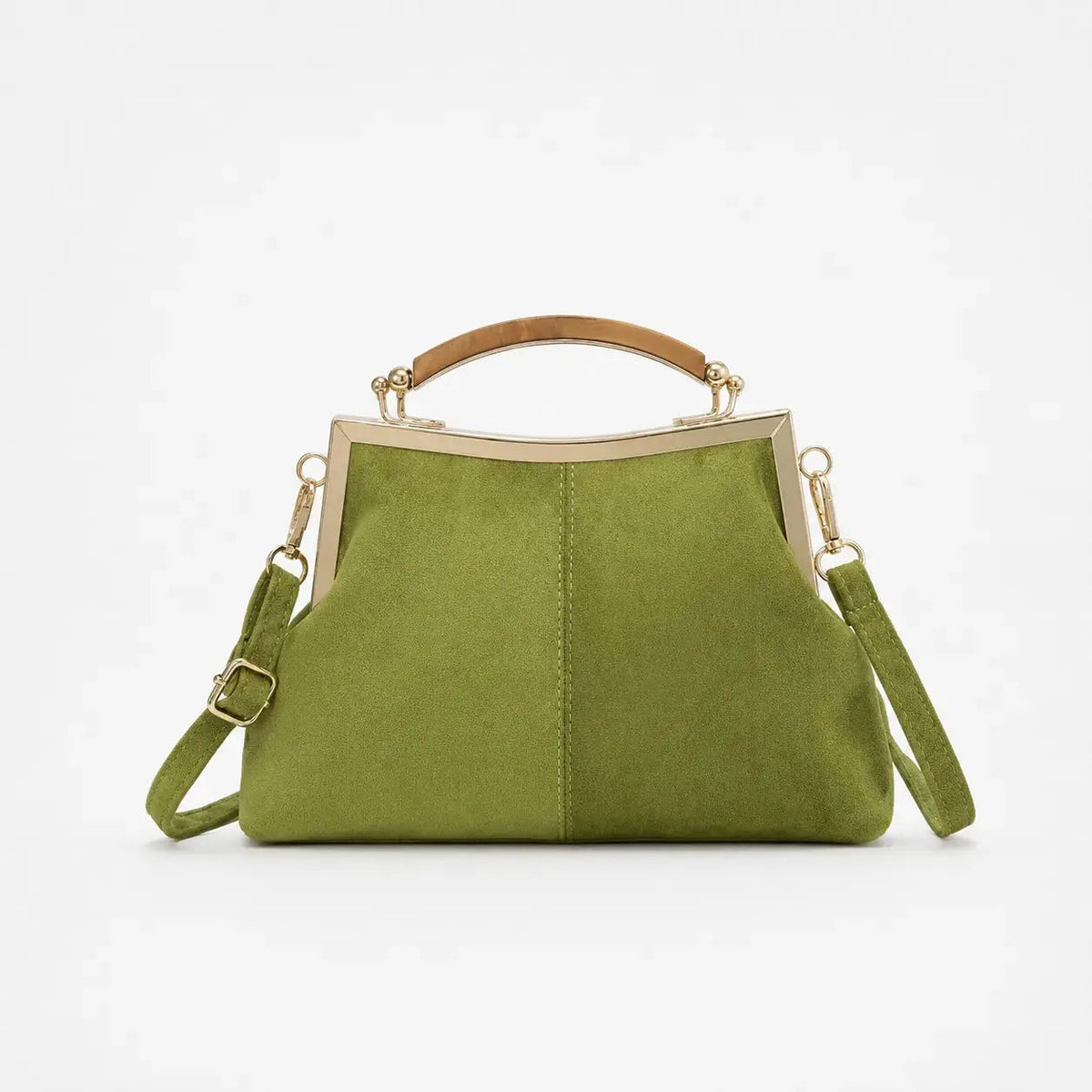 Suede-Look Frame Handbag with Top Handle and Shoulder Strap