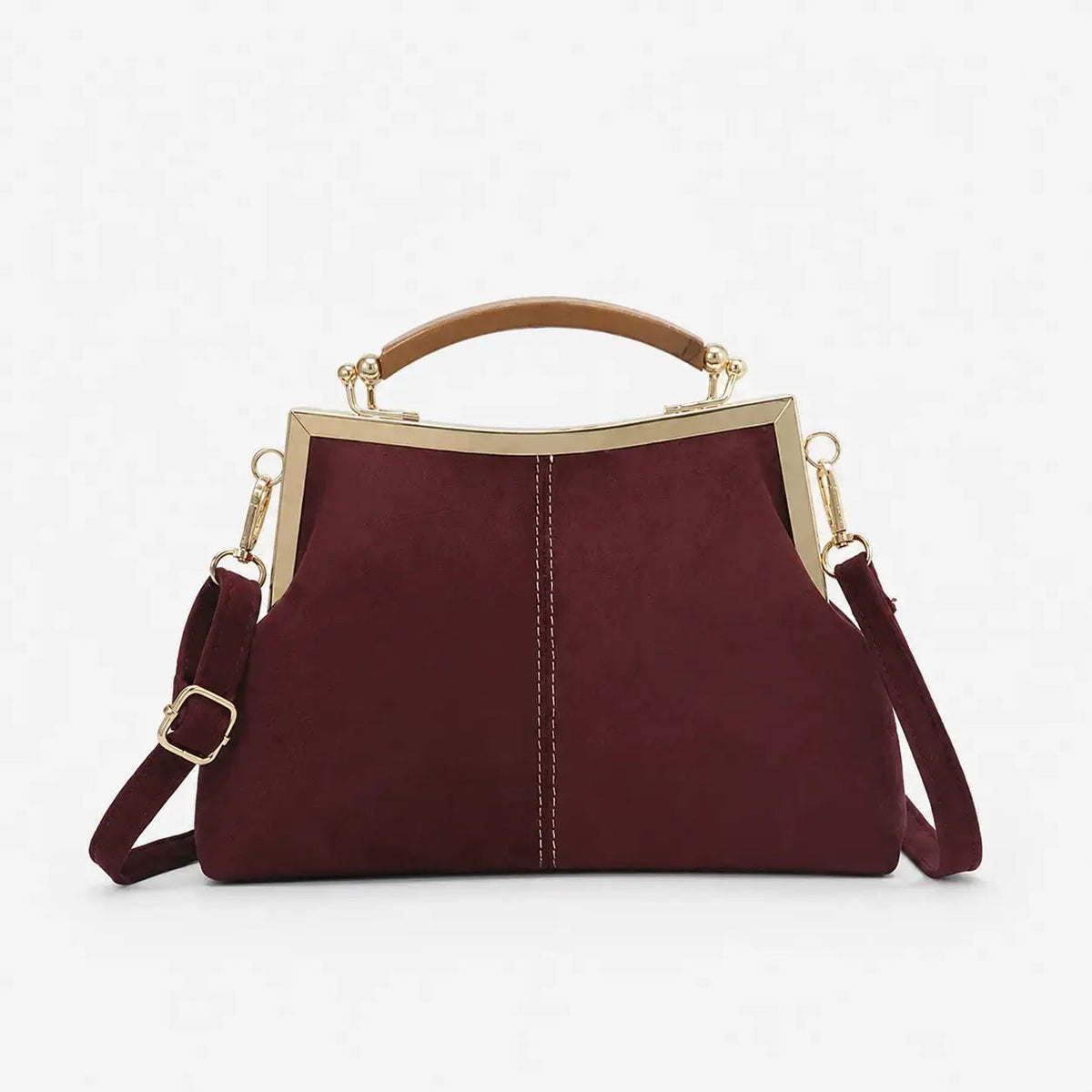 Suede-Look Frame Handbag with Top Handle and Shoulder Strap