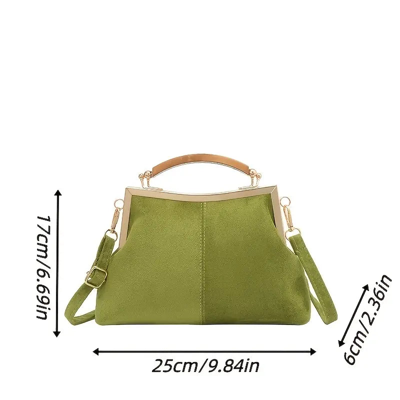 Suede-Look Frame Handbag with Top Handle and Shoulder Strap