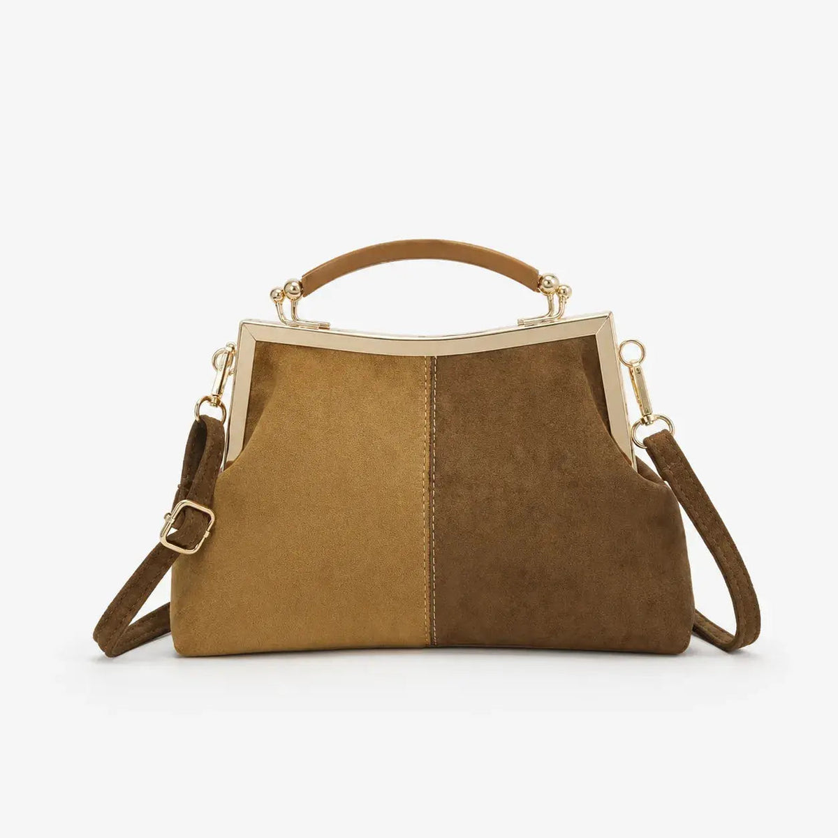 Suede-Look Frame Handbag with Top Handle and Shoulder Strap