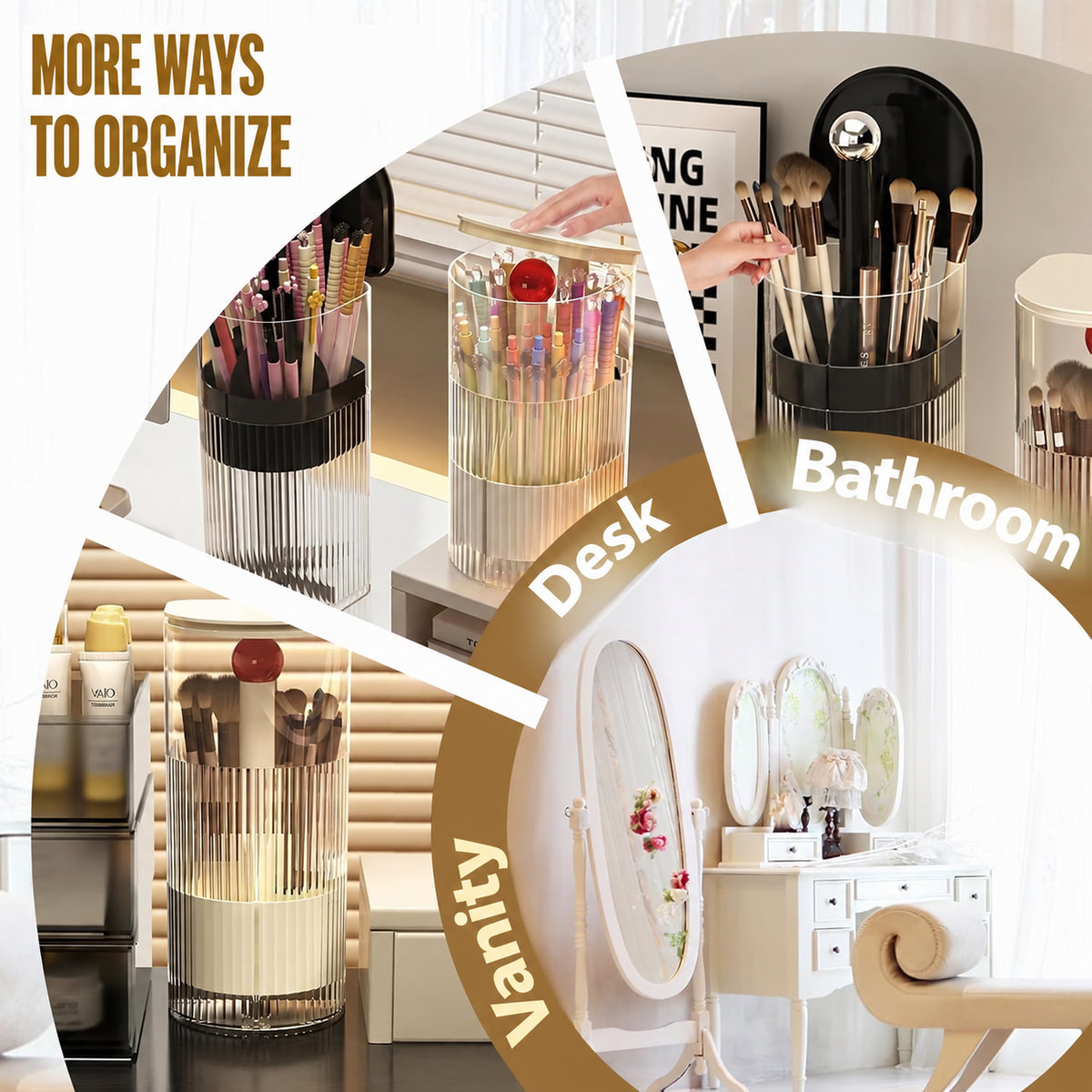 Makeup brush organizer for a desk, bathroom or vanity, with English labels