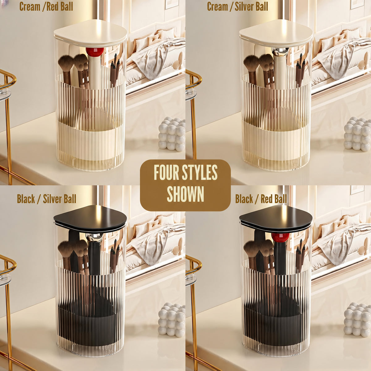 Four pictured organizer styles: cream and black with red or silver ball details, with English labels