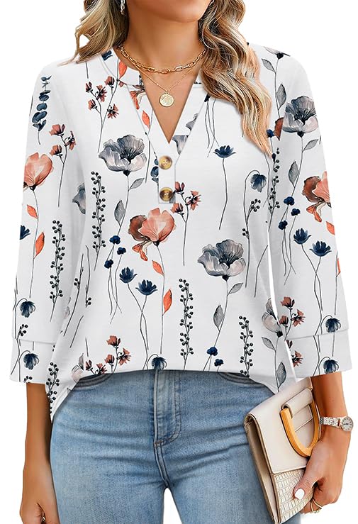 2026 Womens 3/4 Sleeve Heley Button V neck Tops