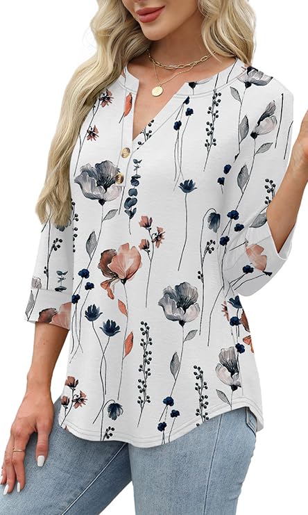 2026 Womens 3/4 Sleeve Heley Button V neck Tops