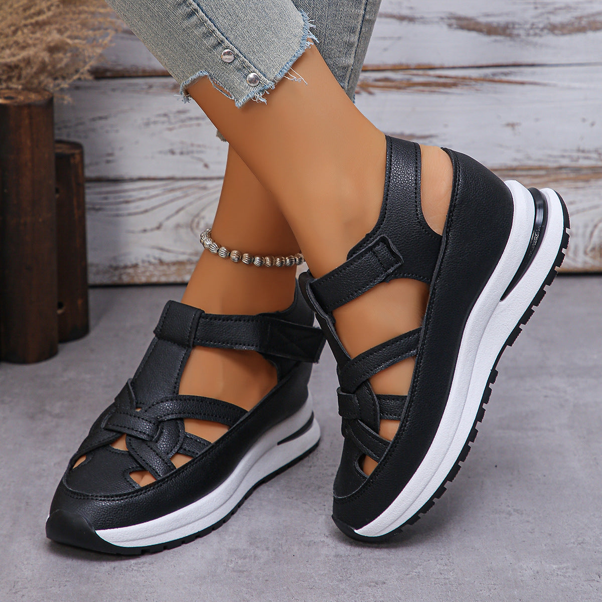 Women Adjustable Thick Sole Leather Sandals