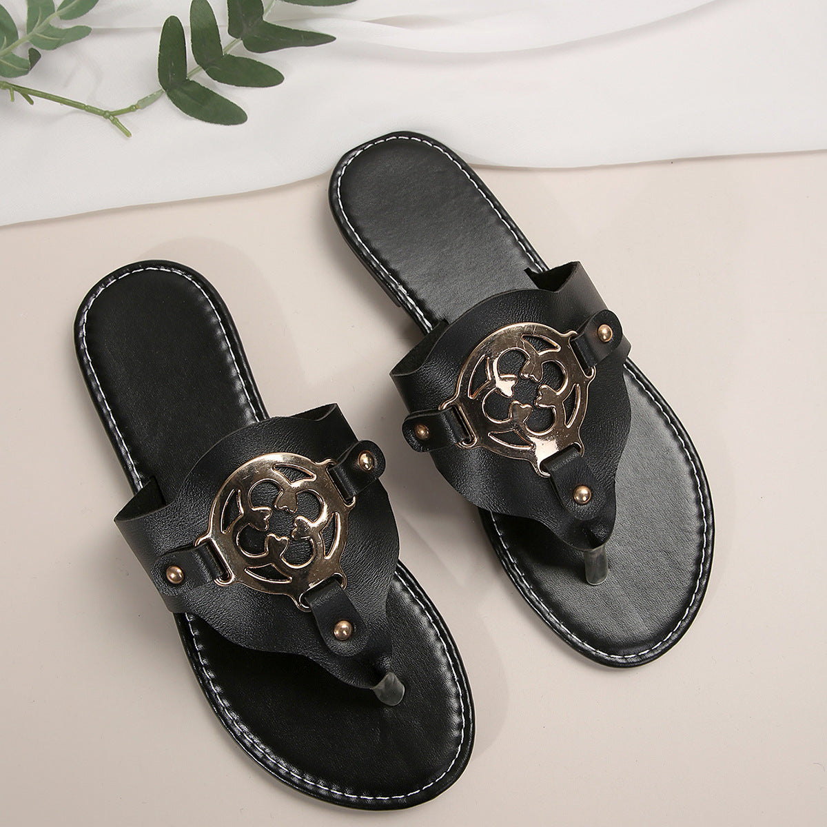 Metal Buckle Open Toe Slip-On Flat Sandals for Beach