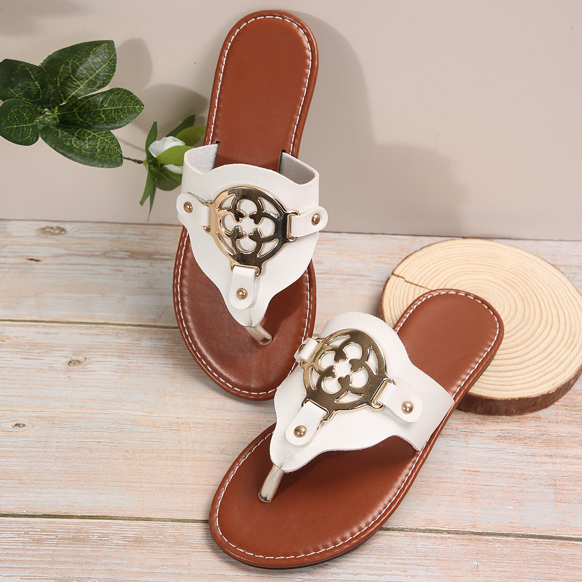 Metal Buckle Open Toe Slip-On Flat Sandals for Beach