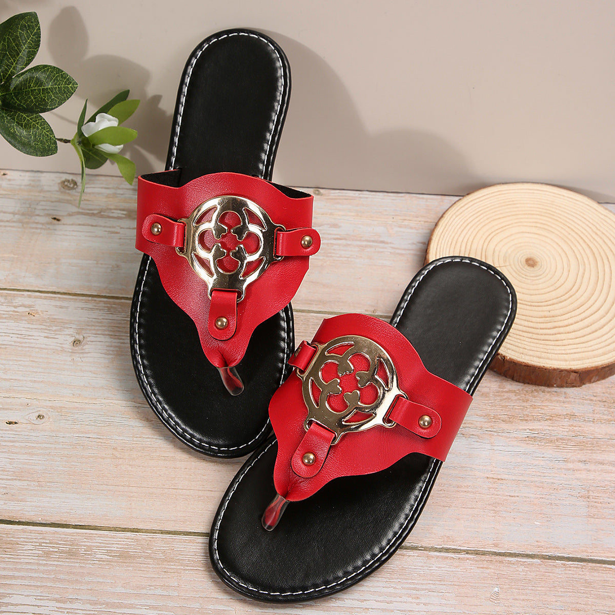 Metal Buckle Open Toe Slip-On Flat Sandals for Beach