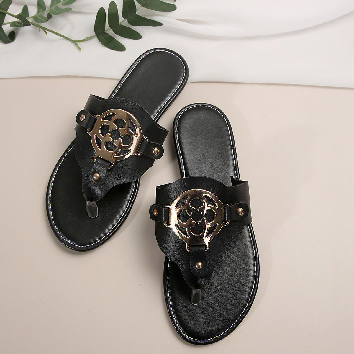 Metal Buckle Open Toe Slip-On Flat Sandals for Beach