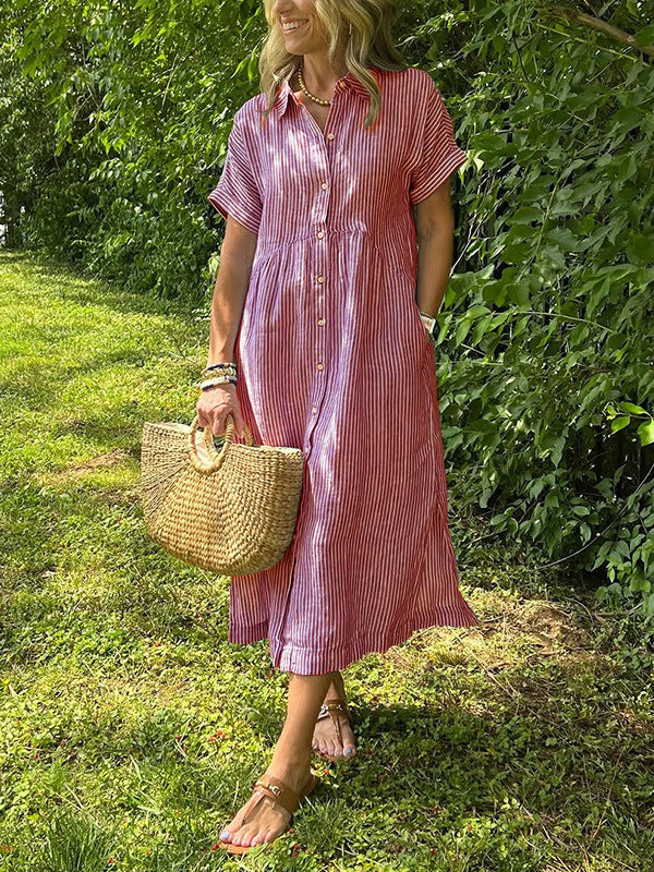🔥LAST DAY SALE 70% OFF🔥 Striped Lapel Button Down Shirt Dress | With Functional Pockets