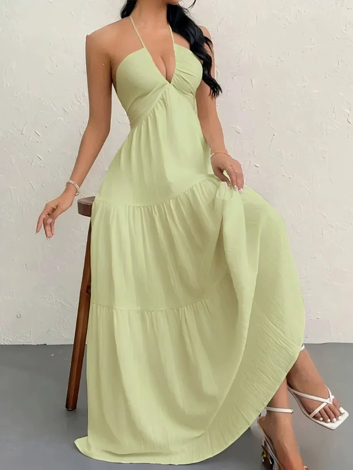 Halter Neck Backless Tiered Maxi Dress